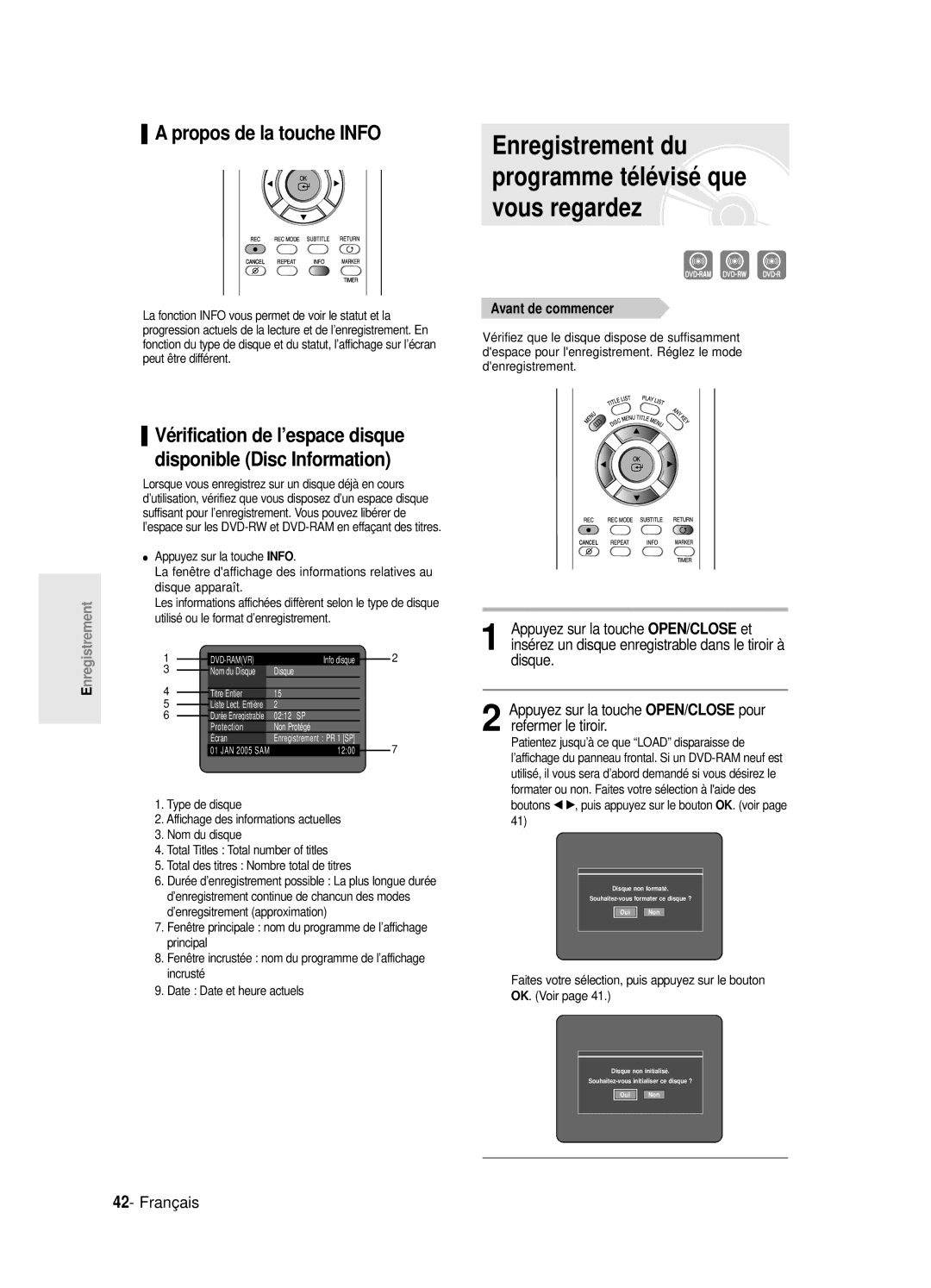 Samsung DVD-R125P, DVD-R125/XEF manual Enregistrement du, Vous regardez, Propos de la touche Info, Avant de commencer 