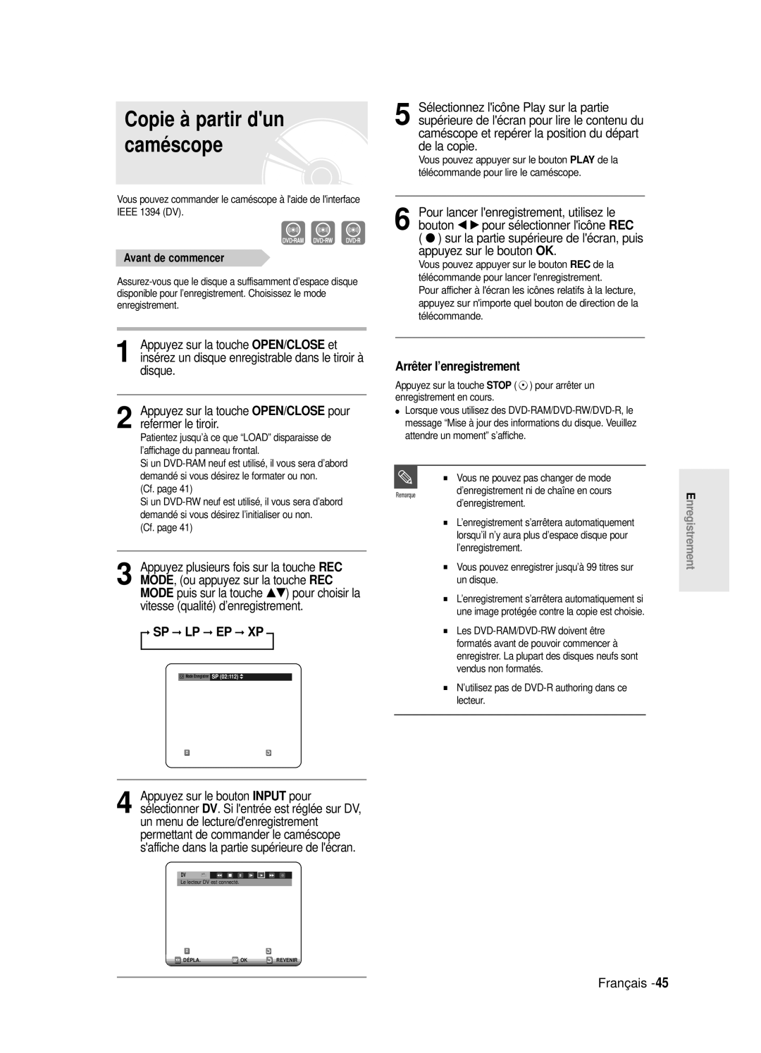 Samsung DVD-R125/XEF, DVD-R125P manual Copie à partir dun caméscope 