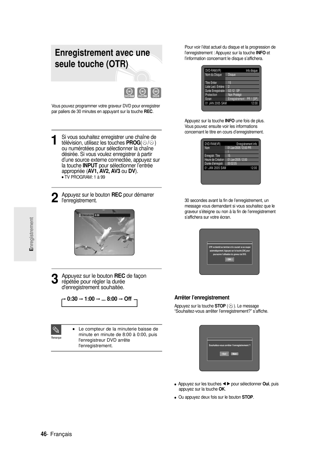 Samsung DVD-R125P manual Enregistrement avec une seule touche OTR, Appuyez sur le bouton REC pour démarrer lenregistrement 