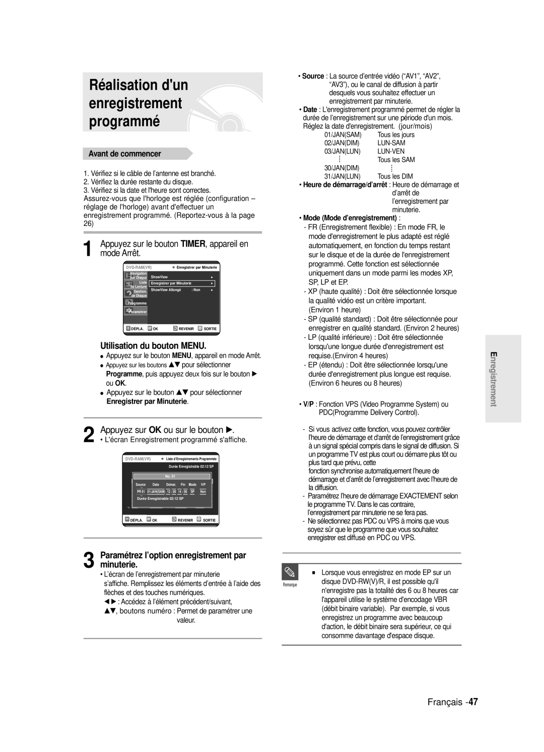 Samsung DVD-R125/XEF, DVD-R125P manual Réalisation dun enregistrement programmé, Mode Arrêt, Utilisation du bouton Menu 