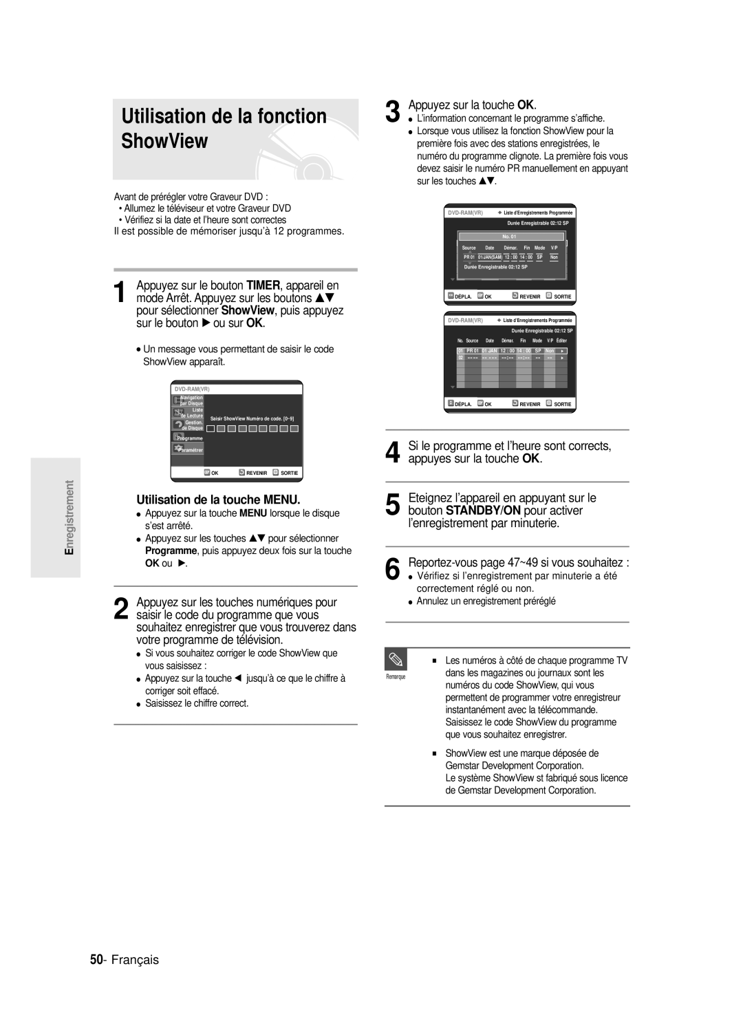 Samsung DVD-R125P, DVD-R125/XEF manual Utilisation de la fonction ShowView, Utilisation de la touche Menu 