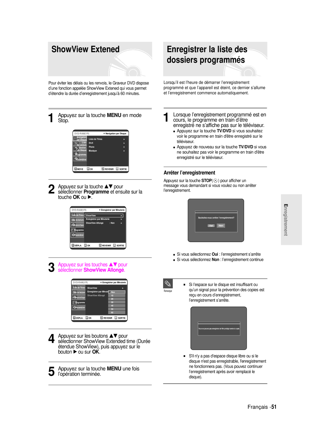 Samsung DVD-R125/XEF manual Appuyez sur la touche Menu en mode Stop, Lorsqu’il est l’heure de démarrer l’enregistrement 