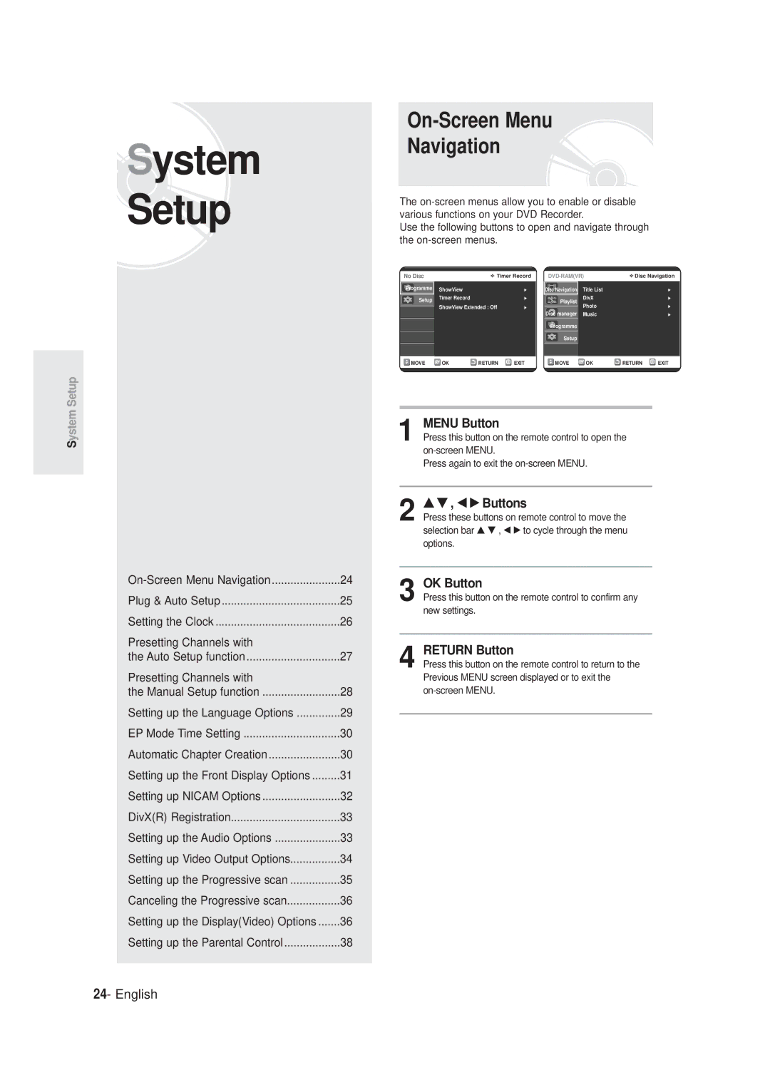 Samsung DVD-R125P, DVD-R125/XEF manual On-Screen Menu Navigation, Menu Button, … † , œ √ Buttons, OK Button, Return Button 