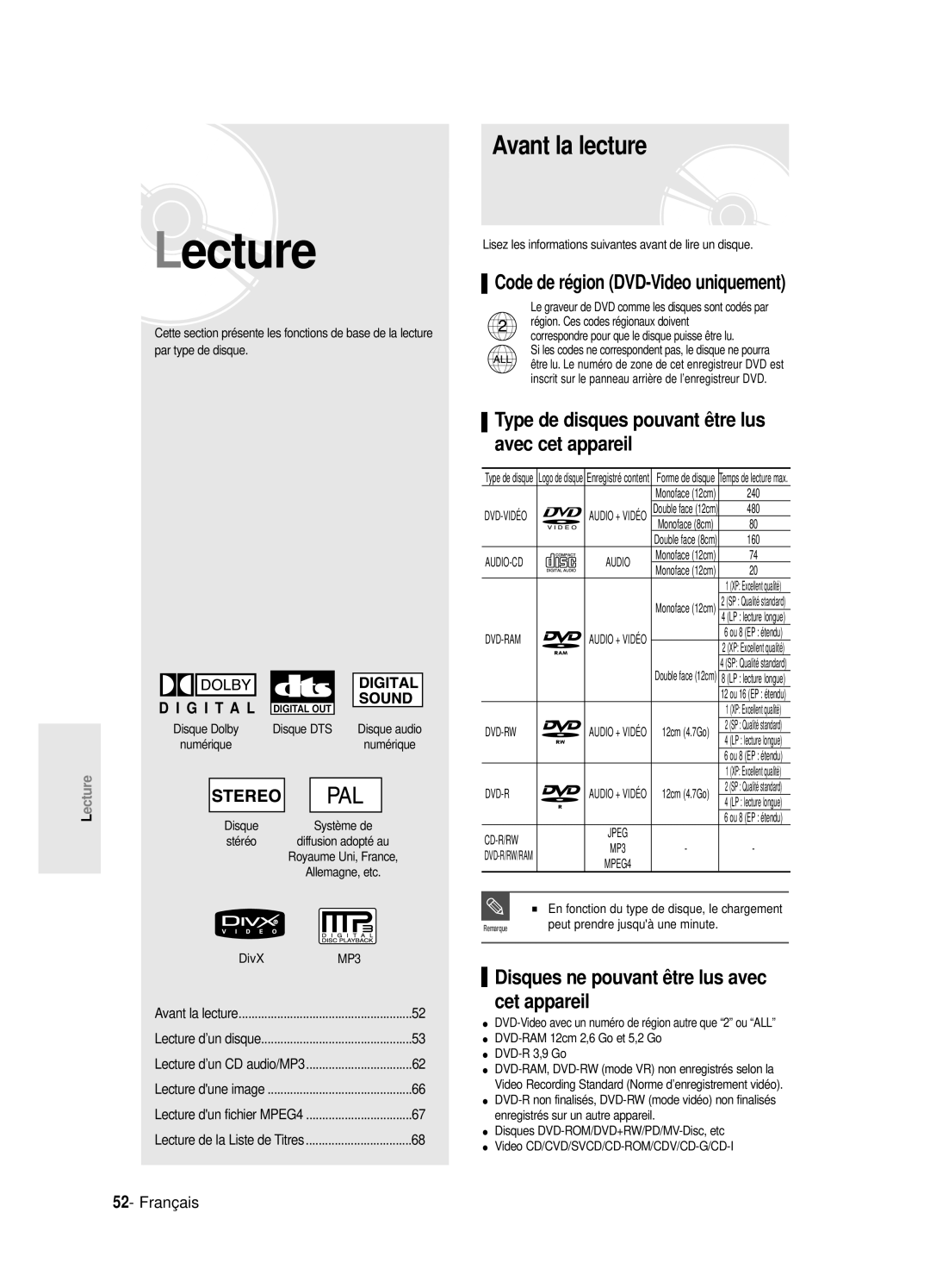 Samsung DVD-R125P, DVD-R125/XEF manual Avant la lecture, Type de disques pouvant être lus avec cet appareil 