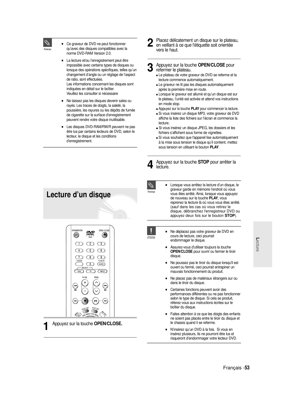 Samsung DVD-R125/XEF, DVD-R125P manual Lecture d’un disque 