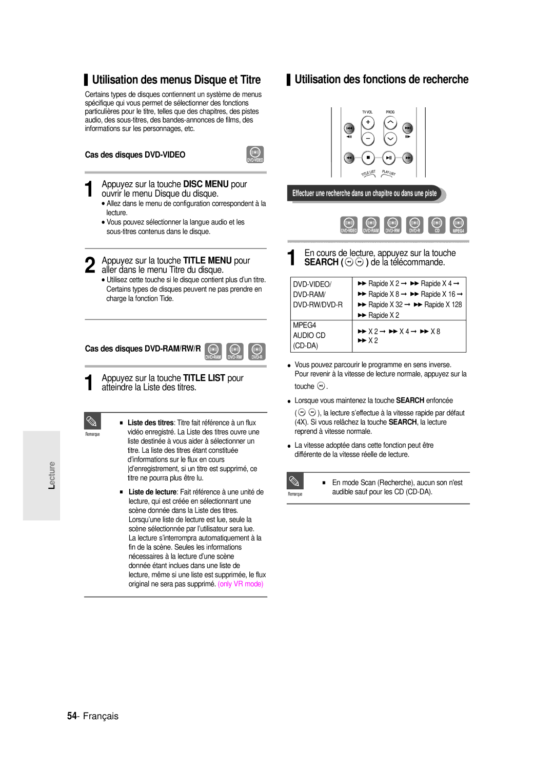 Samsung DVD-R125P, DVD-R125/XEF manual Utilisation des fonctions de recherche, De la télécommande, Cas des disques DVD-VIDEO 