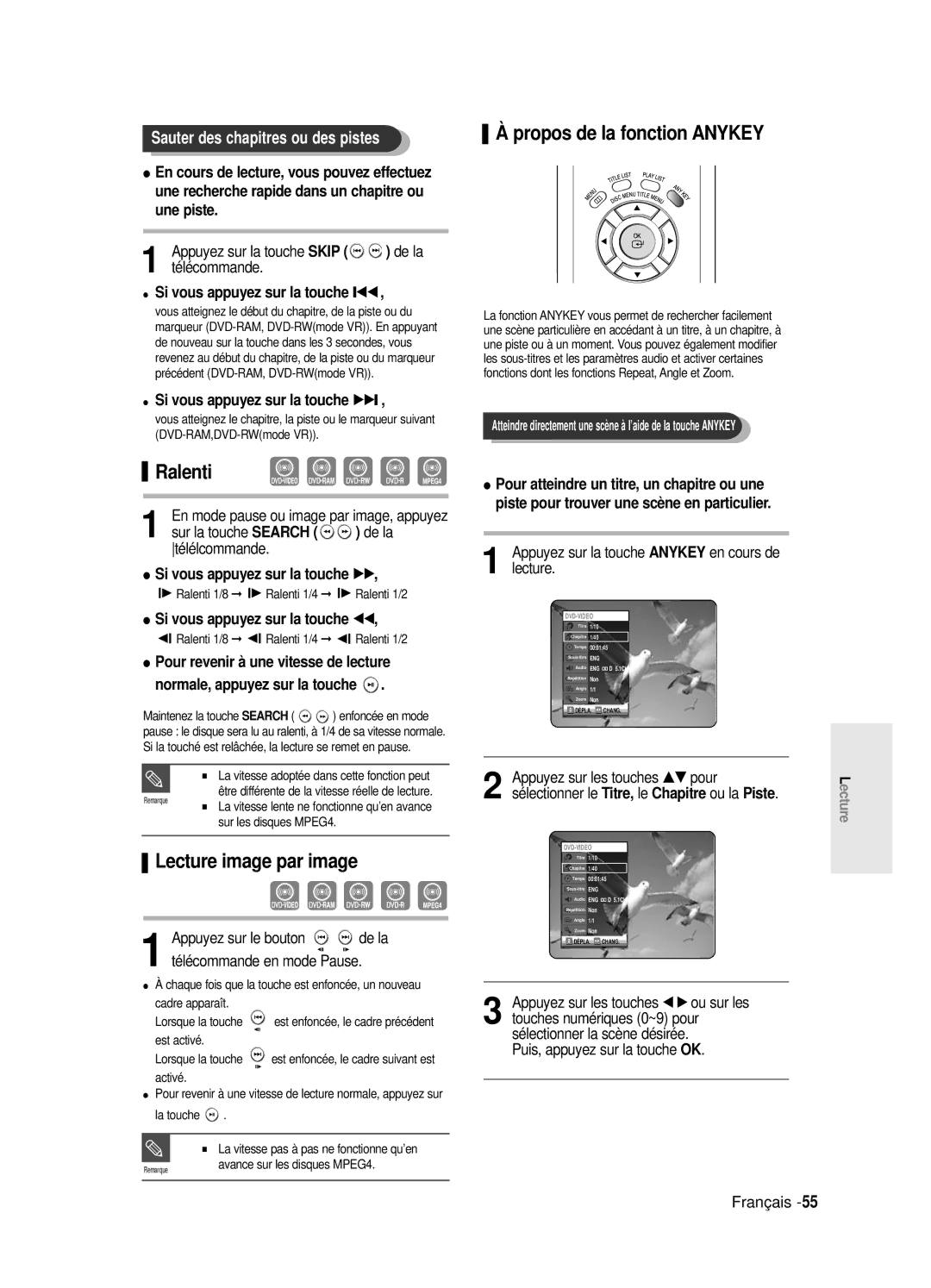 Samsung DVD-R125/XEF Propos de la fonction Anykey, Ralenti, Lecture image par image, Sauter des chapitres ou des pistes 