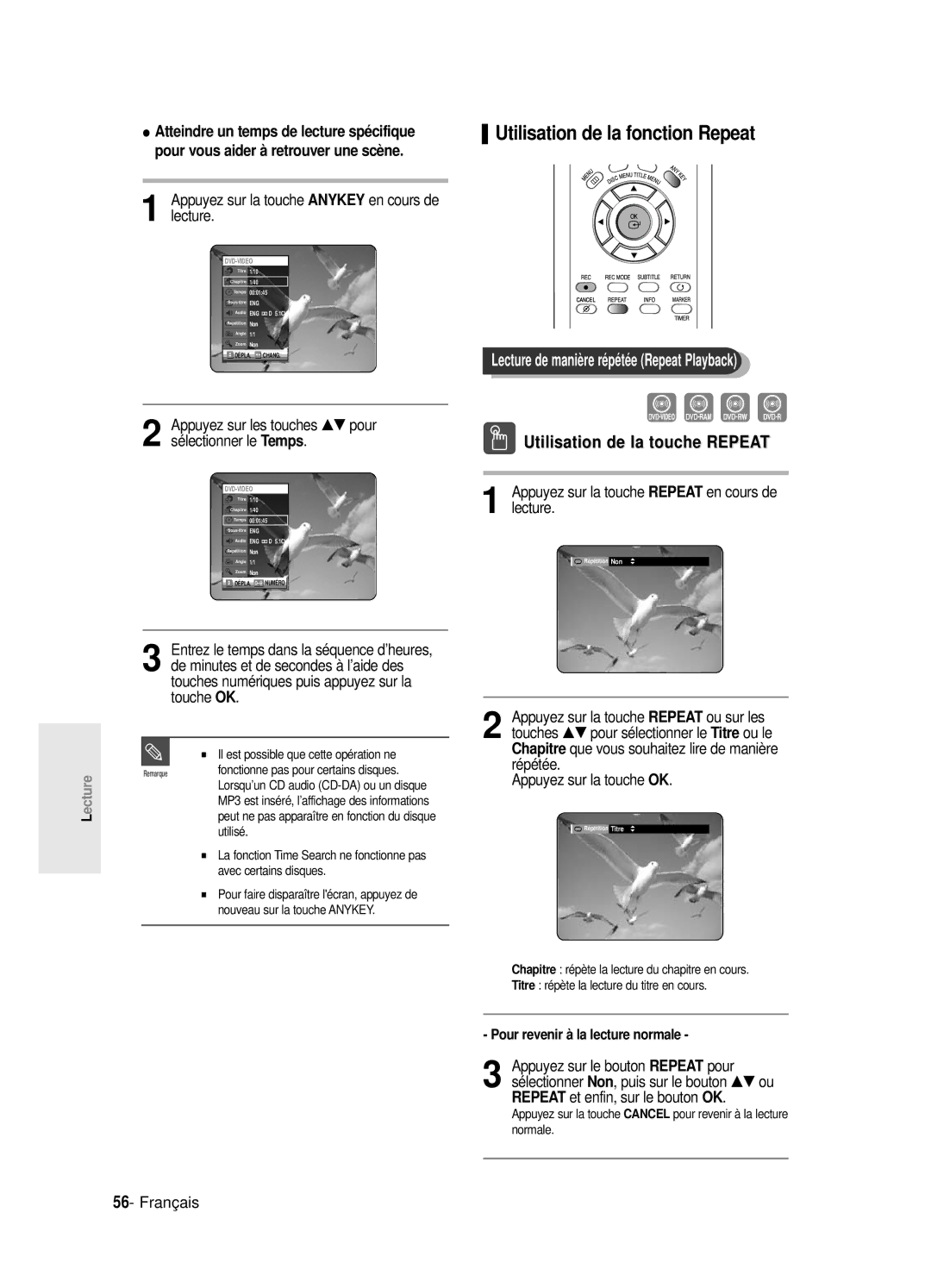 Samsung DVD-R125P, DVD-R125/XEF manual Utilisation de la fonction Repeat, Lecture de manière répétée Repeat Playback 