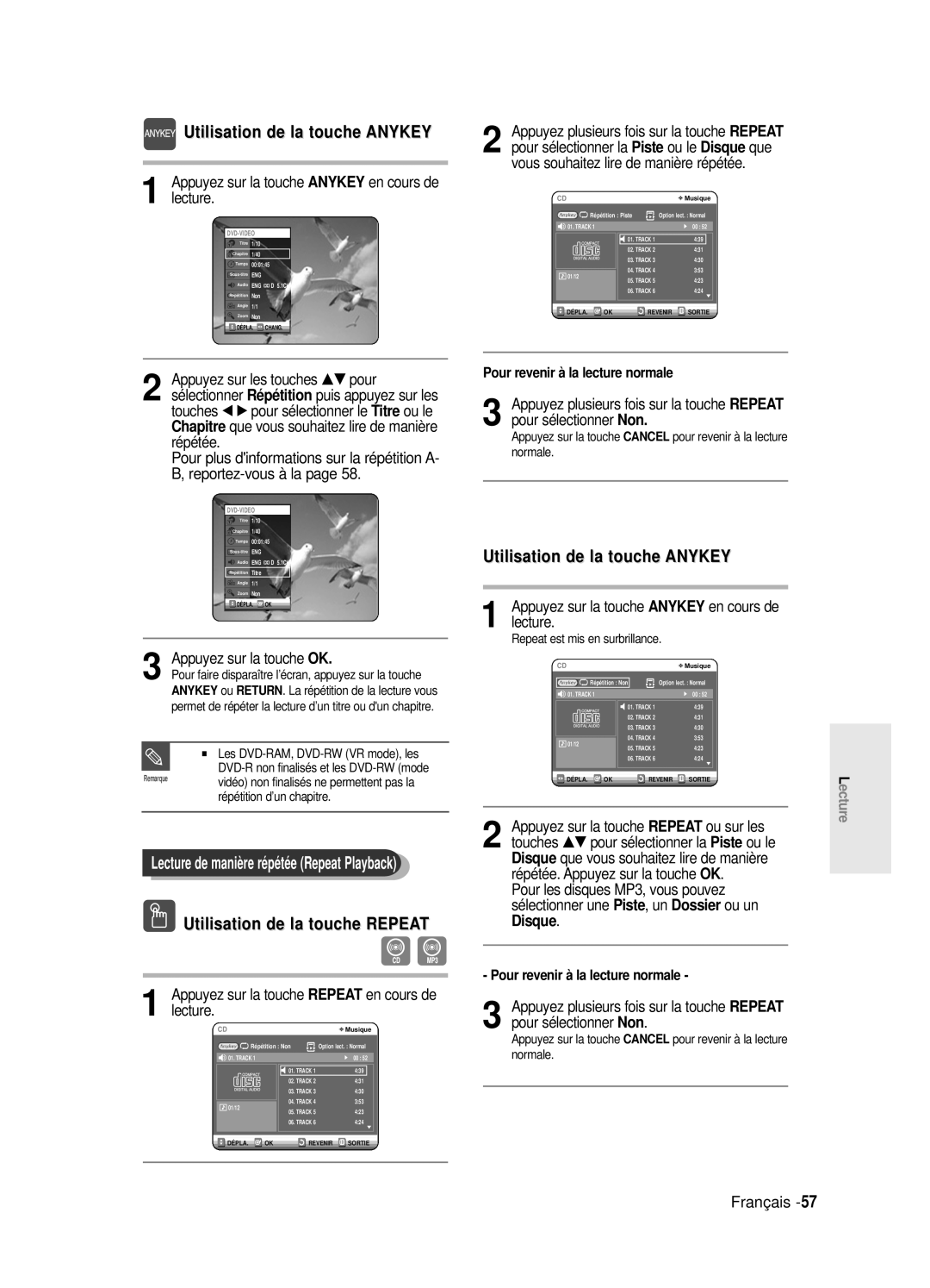 Samsung DVD-R125/XEF, DVD-R125P manual Utilisation de la touche Anykey, Lecture, Appuyez sur la touche Anykey en cours de 