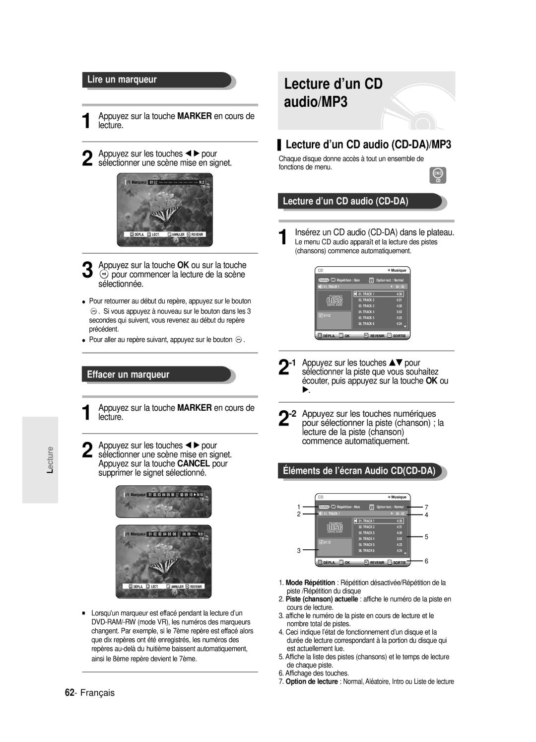 Samsung DVD-R125P, DVD-R125/XEF manual Lecture d’un CD audio/MP3, Lecture d’un CD audio CD-DA/MP3 