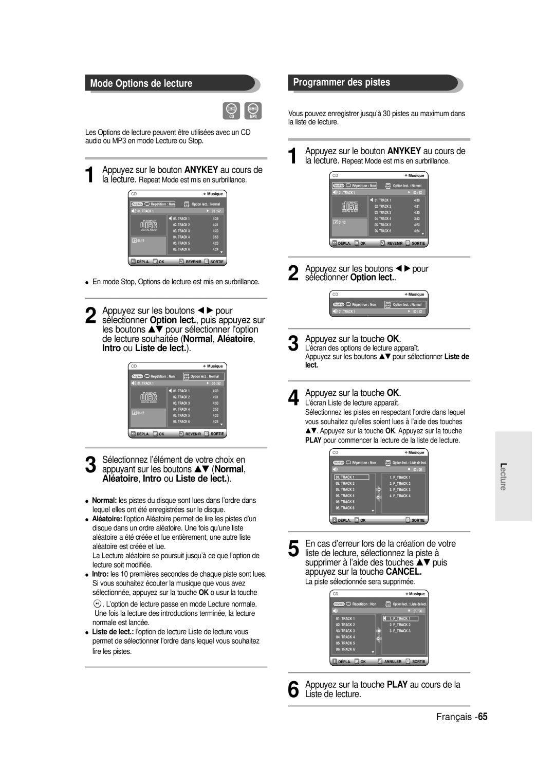 Samsung DVD-R125/XEF, DVD-R125P Mode Options de lecture, Appuyez sur les boutons œ √ pour, Sélectionner Option lect, Lect 