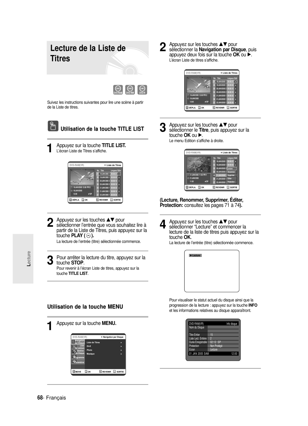 Samsung DVD-R125P manual Lecture de la Liste de Titres, Utilisation de la touche Title List, Utilisation de la touche Menu 