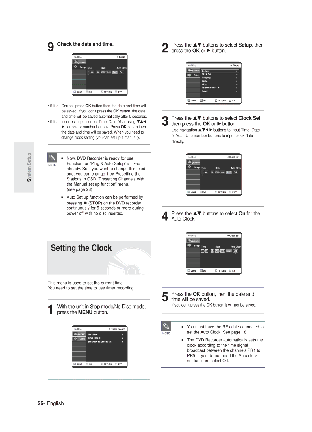 Samsung DVD-R125P manual Setting the Clock, Check the date and time, Press the …† buttons to select On for the Auto Clock 