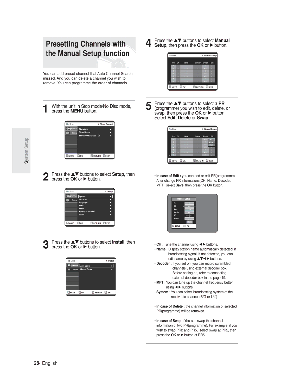 Samsung DVD-R125P, DVD-R125/XEF manual Presetting Channels with the Manual Setup function 