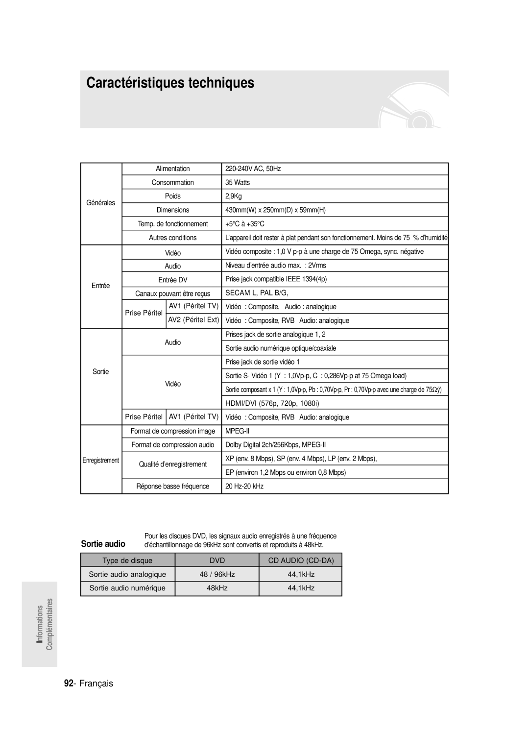 Samsung DVD-R125P, DVD-R125/XEF manual Caractéristiques techniques 