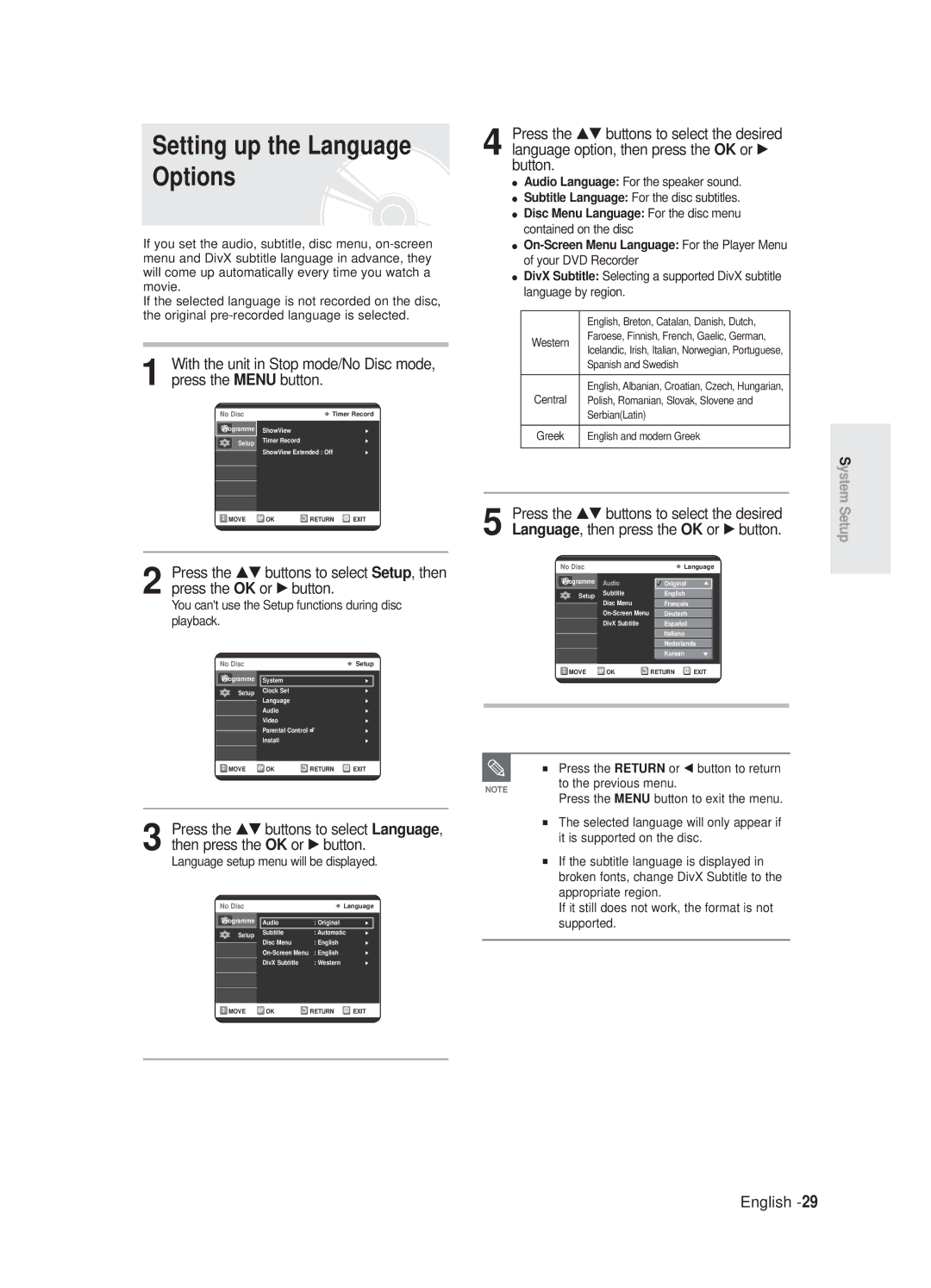 Samsung DVD-R125/XEF, DVD-R125P Setting up the Language Options, You cant use the Setup functions during disc playback 