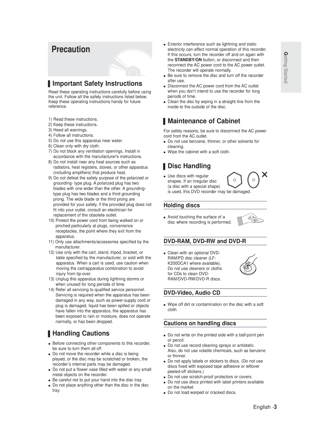 Samsung DVD-R125/XEF Precaution, Important Safety Instructions, Handling Cautions, Maintenance of Cabinet, Disc Handling 