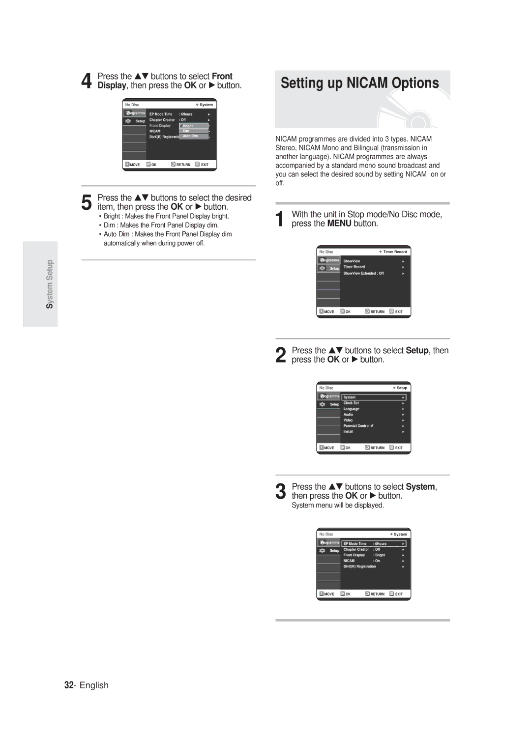 Samsung DVD-R125P, DVD-R125/XEF manual Setting up Nicam Options 