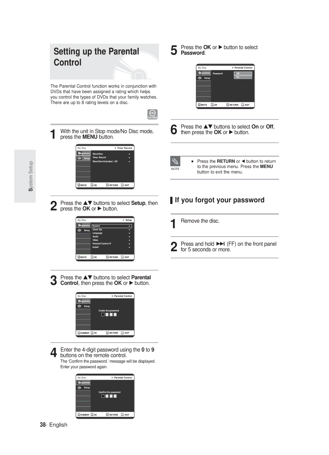 Samsung DVD-R125P, DVD-R125/XEF manual Setting up the Parental, Control, If you forgot your password, Password 