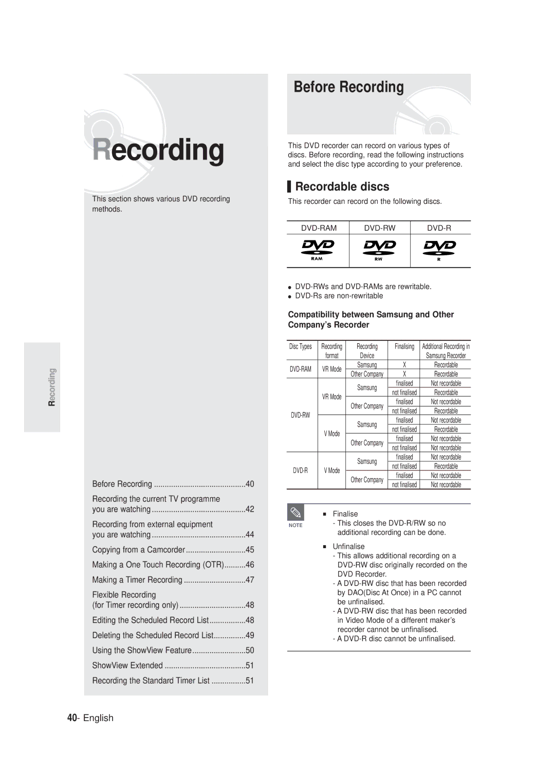 Samsung DVD-R125P manual Before Recording, Recordable discs, Compatibility between Samsung and Other Company’s Recorder 