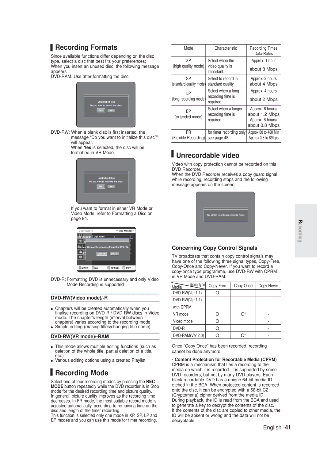 Samsung DVD-R125/XEF, DVD-R125P Recording Formats, Recording Mode, Unrecordable video, Concerning Copy Control Signals 