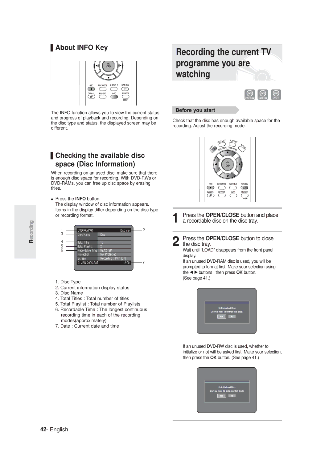 Samsung DVD-R125P, DVD-R125/XEF manual Recording the current TV programme you are watching, About Info Key, Before you start 