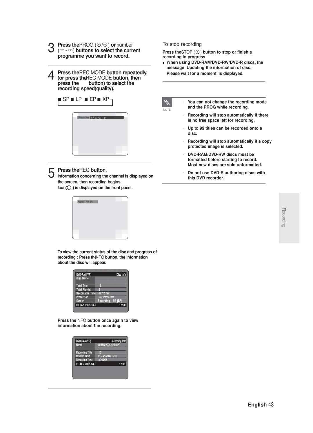 Samsung DVD-R125/XEF, DVD-R125P Sp Lp Ep Xp, Press the REC button, To stop recording, Icon is displayed on the front panel 