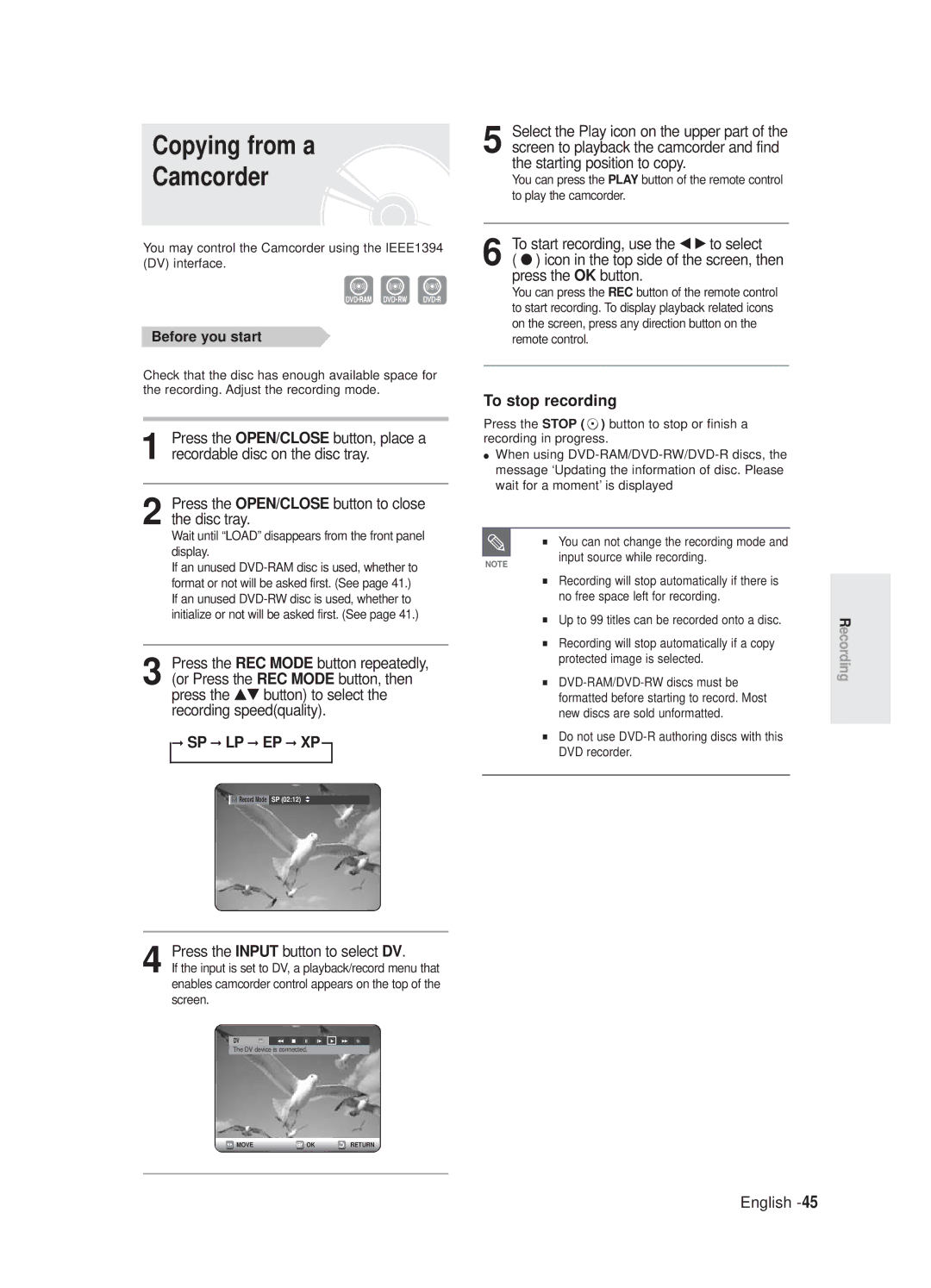 Samsung DVD-R125/XEF, DVD-R125P manual Copying from a Camcorder, Press the Input button to select DV 