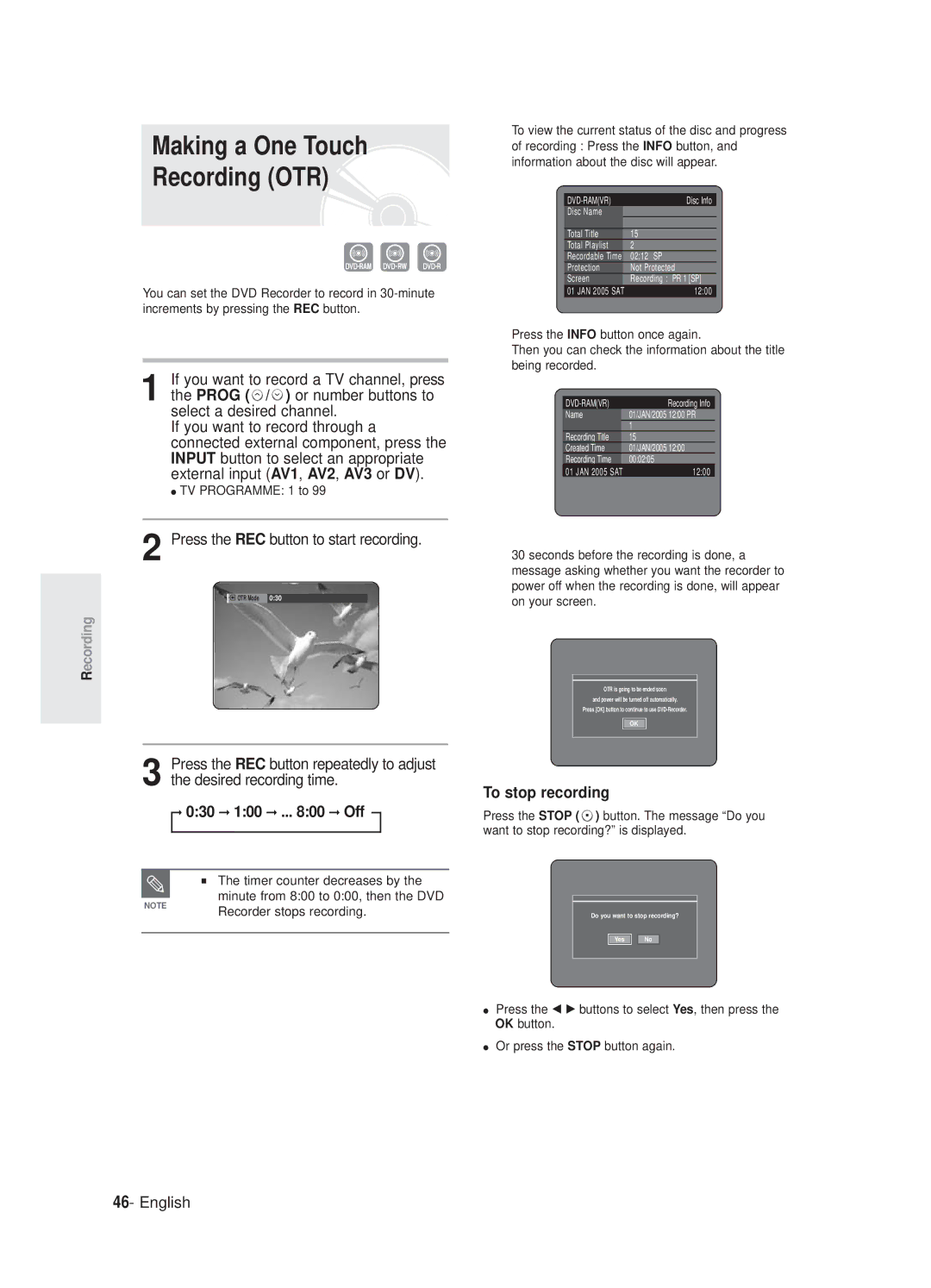 Samsung DVD-R125P, DVD-R125/XEF Making a One Touch Recording OTR, Press the REC button to start recording, 030 100 .. Off 