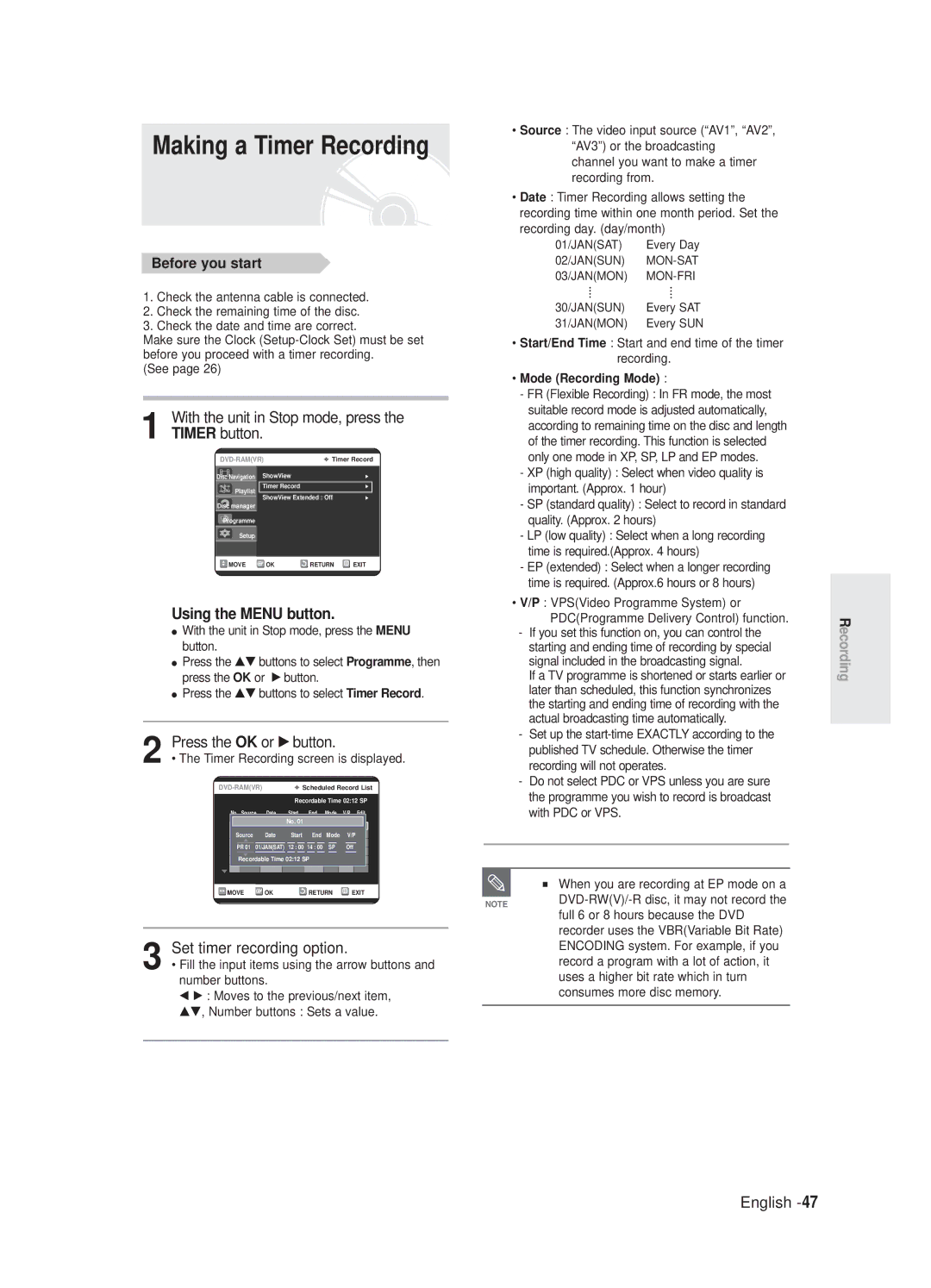 Samsung DVD-R125/XEF Making a Timer Recording, With the unit in Stop mode, press the Timer button, Using the Menu button 