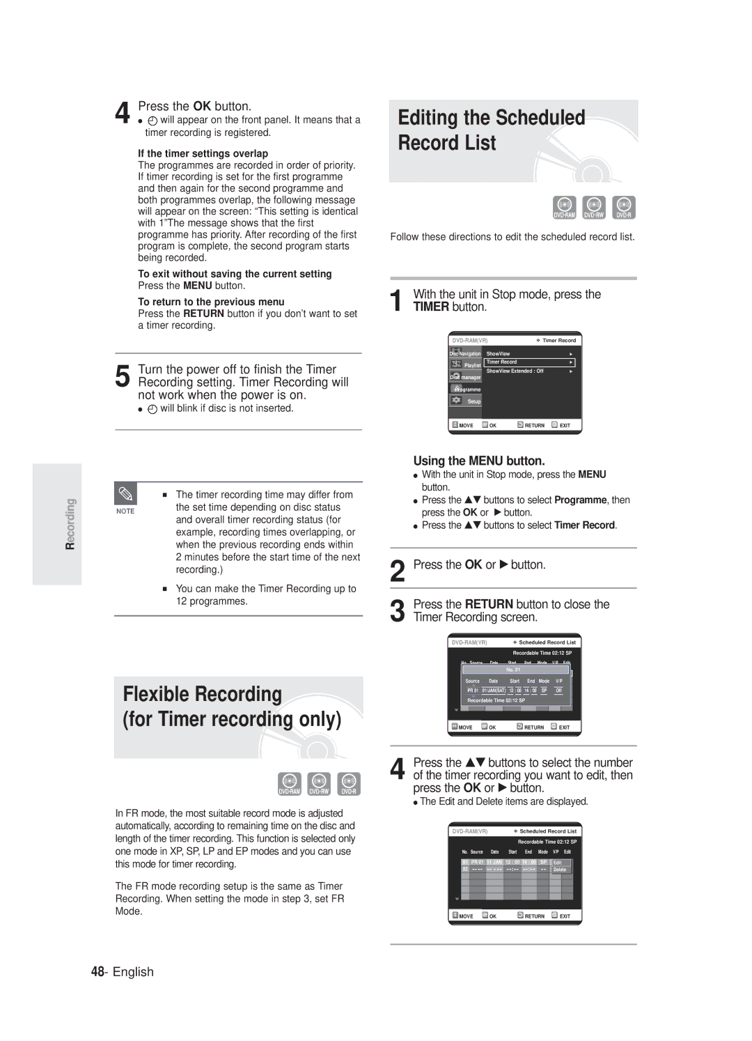 Samsung DVD-R125P manual Flexible Recording For Timer recording only, Press the OK button, If the timer settings overlap 