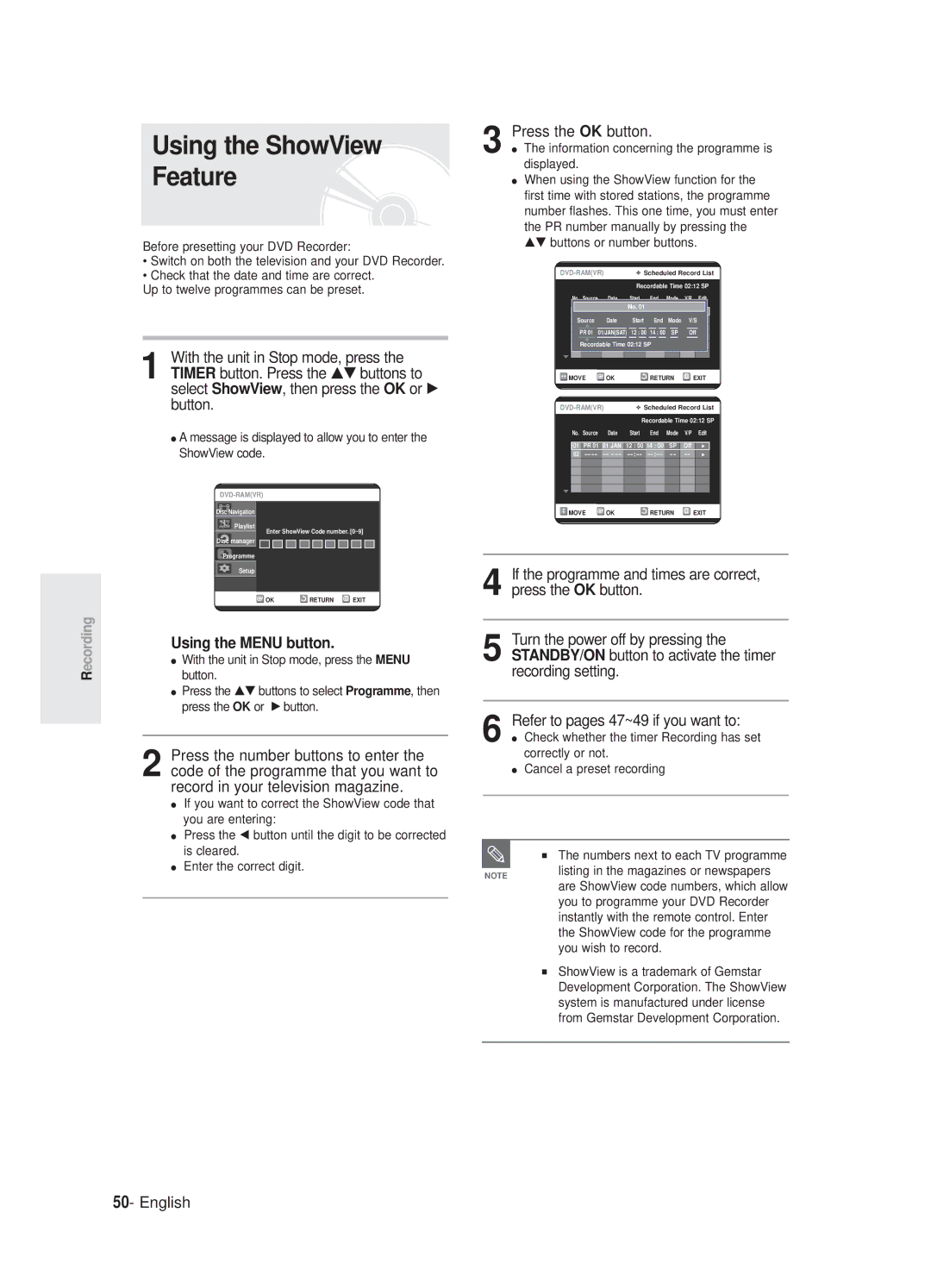 Samsung DVD-R125P, DVD-R125/XEF Press the OK button, When using the ShowView function for, PR number manually by pressing 