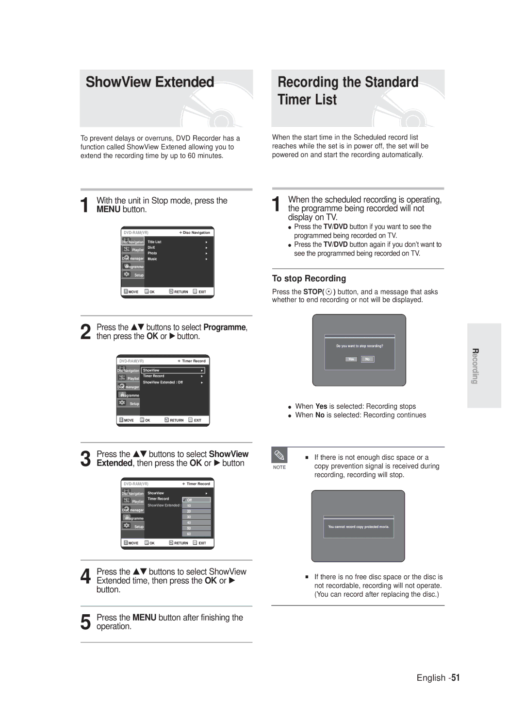 Samsung DVD-R125/XEF, DVD-R125P manual ShowView Extended, Timer List 