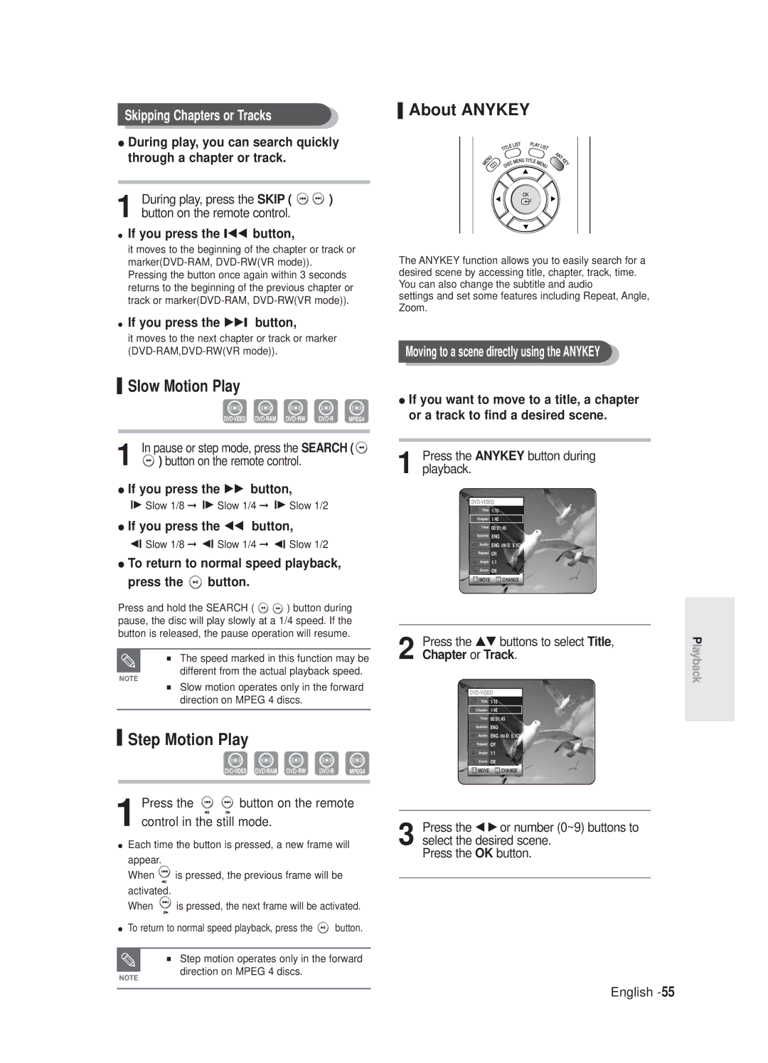 Samsung DVD-R125/XEF, DVD-R125P manual About Anykey, Slow Motion Play, Step Motion Play, Skipping Chapters or Tracks 