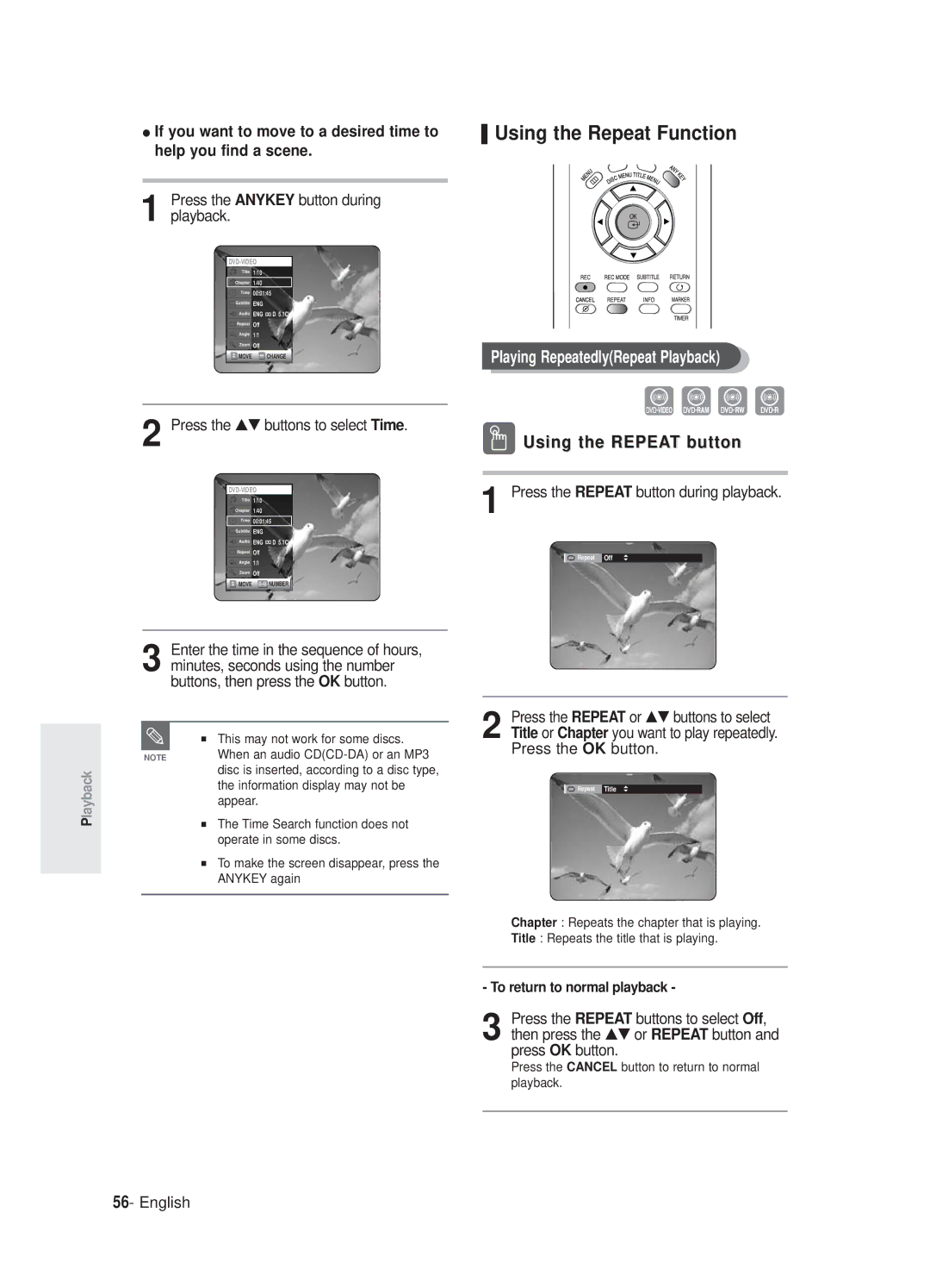 Samsung DVD-R125P manual Using the Repeat Function, Playing RepeatedlyRepeat Playback, Press the …† buttons to select Time 