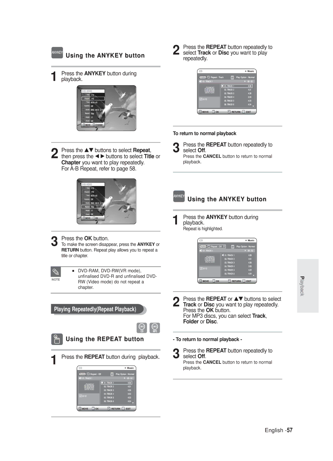 Samsung DVD-R125/XEF, DVD-R125P manual Chapter you want to play repeatedly, For A-B Repeat, refer to, Repeat is highlighted 