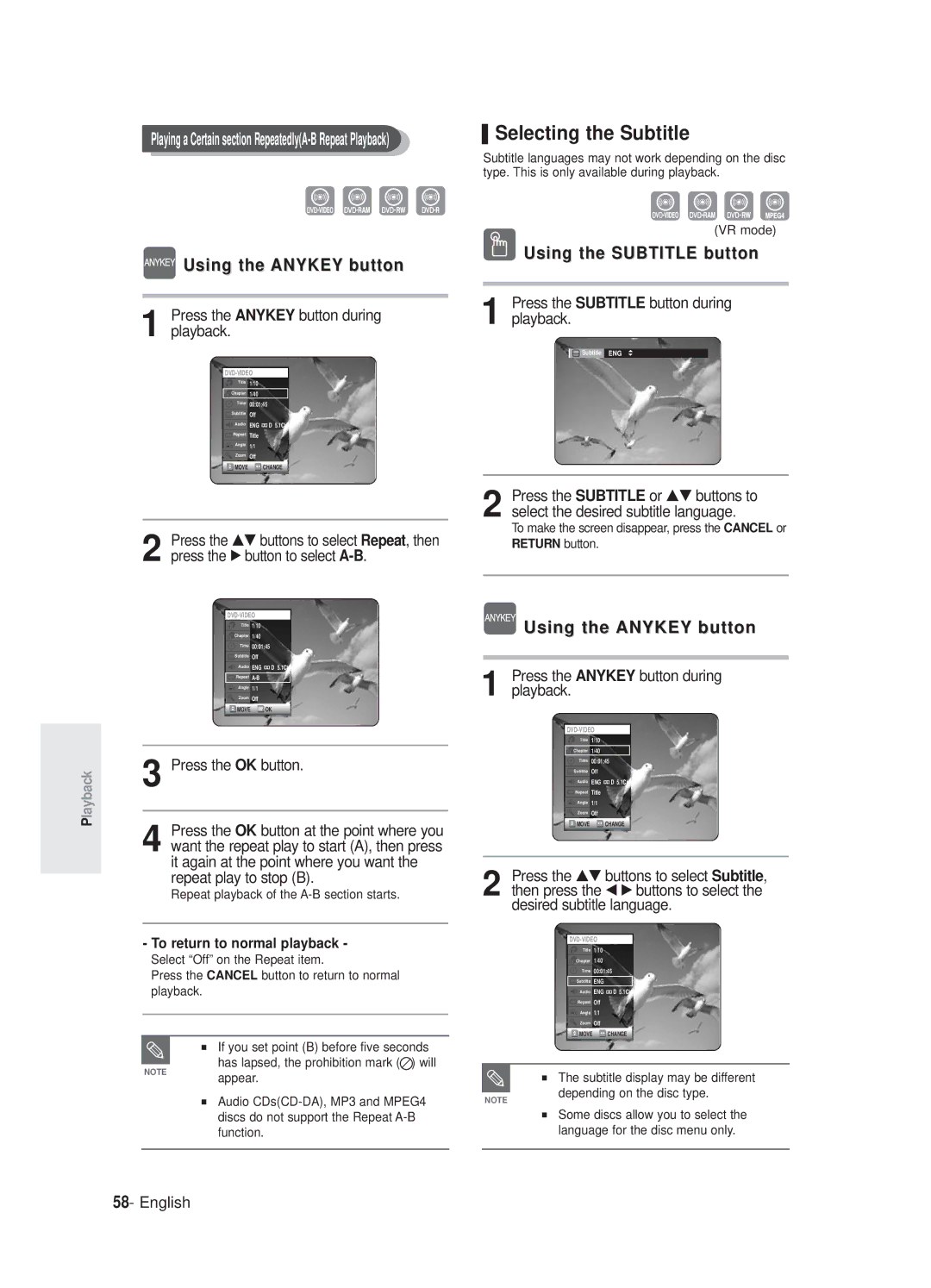 Samsung DVD-R125P manual Selecting the Subtitle, Press the Subtitle button during playback, Desired subtitle language 