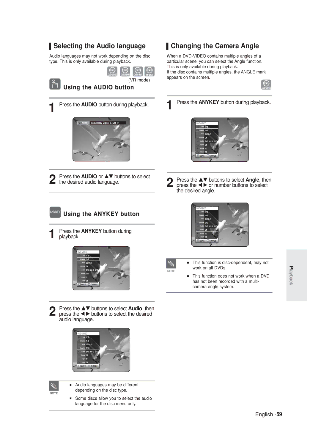 Samsung DVD-R125/XEF manual Selecting the Audio language, Changing the Camera Angle, Desired audio language, Desired angle 