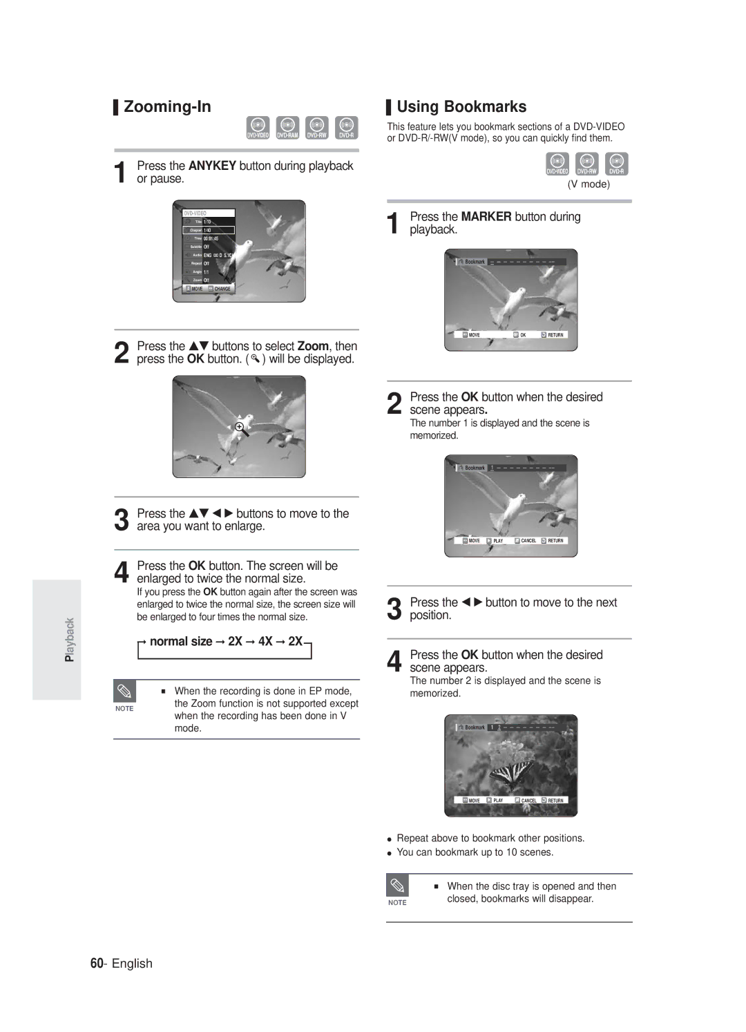 Samsung DVD-R125P, DVD-R125/XEF manual Zooming-In, Using Bookmarks, Normal size 2X 4X 