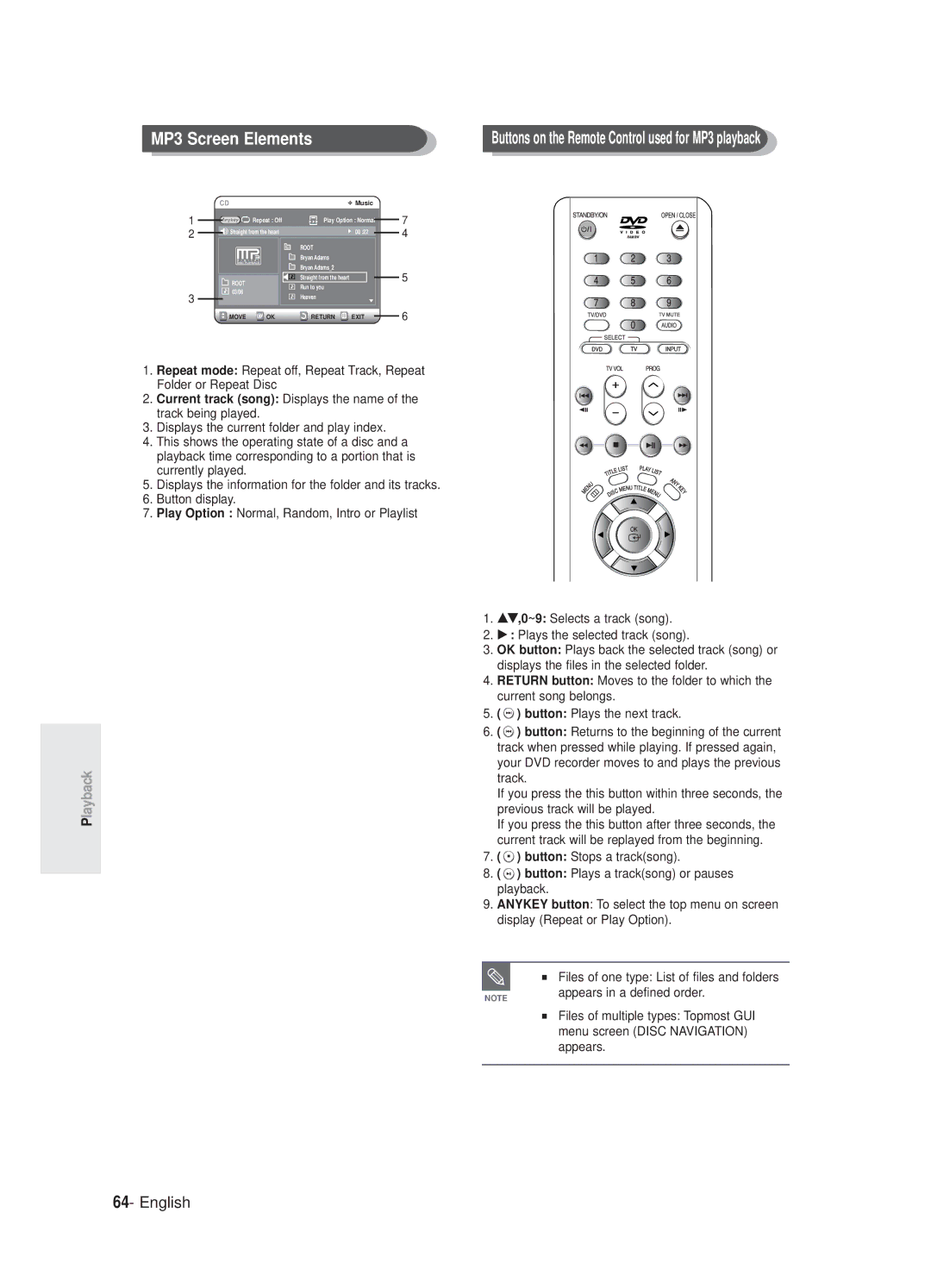 Samsung DVD-R125P, DVD-R125/XEF manual MP3 Screen Elements, Buttons on the Remote Control used for MP3 playback 