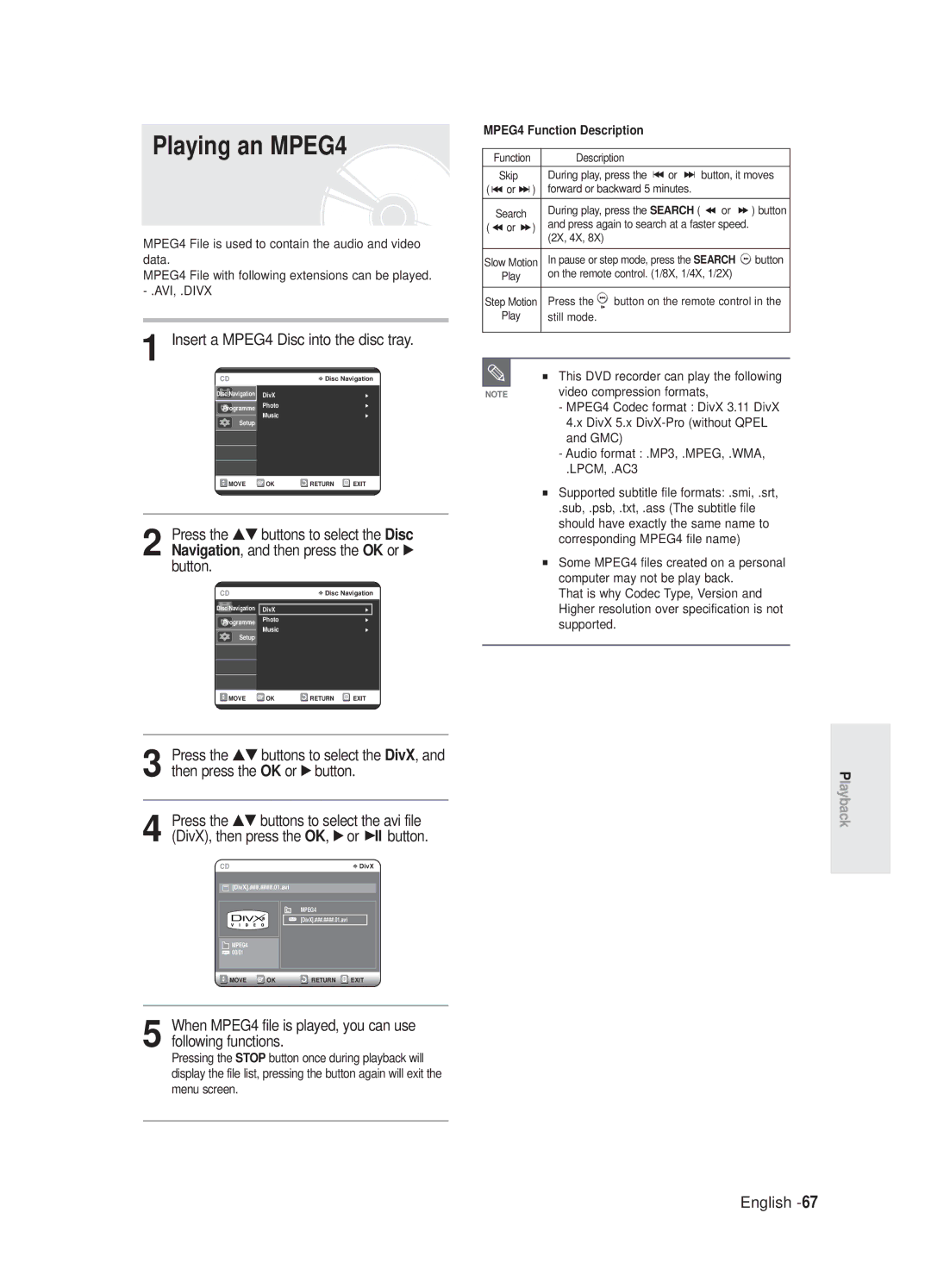 Samsung DVD-R125/XEF, DVD-R125P manual Playing an MPEG4, Insert a MPEG4 Disc into the disc tray, MPEG4 Function Description 