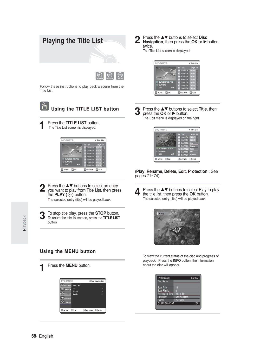 Samsung DVD-R125P Playing the Title List, Play, Rename, Delete, Edit, Protection See pages 71~74, Press the Menu button 