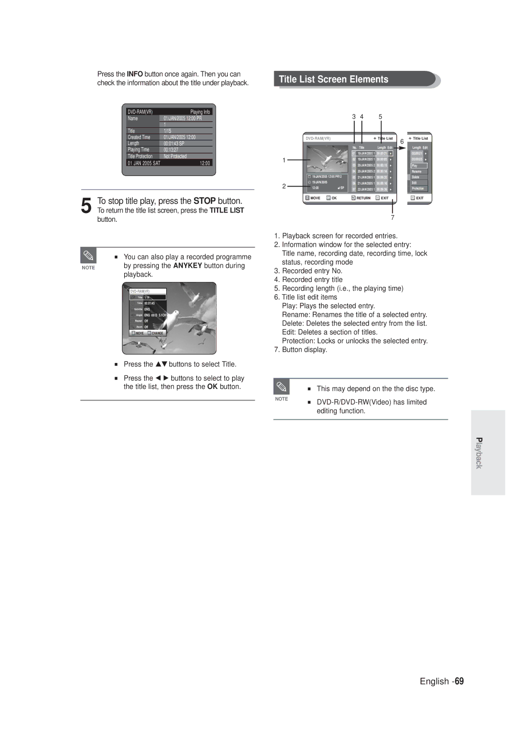 Samsung DVD-R125/XEF, DVD-R125P manual Title List Screen Elements, By pressing the Anykey button during, Playback 