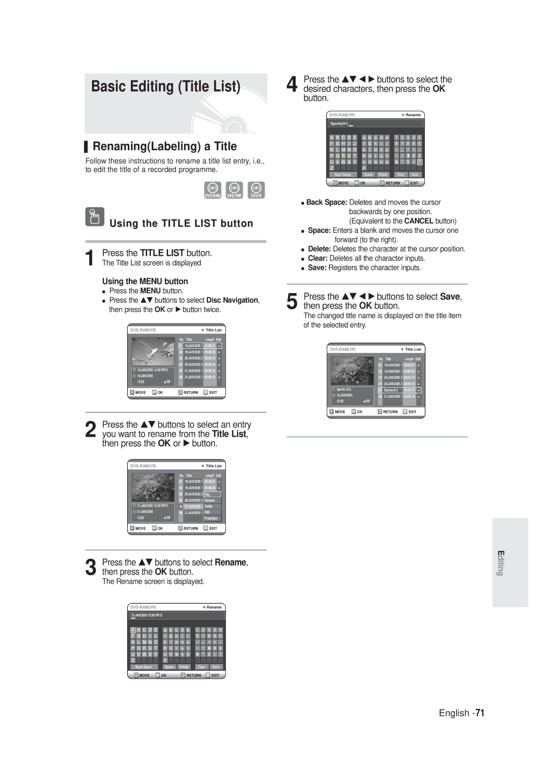 Samsung DVD-R125/XEF Basic Editing Title List, RenamingLabeling a Title, Using the Menu button, Press the Menu button 