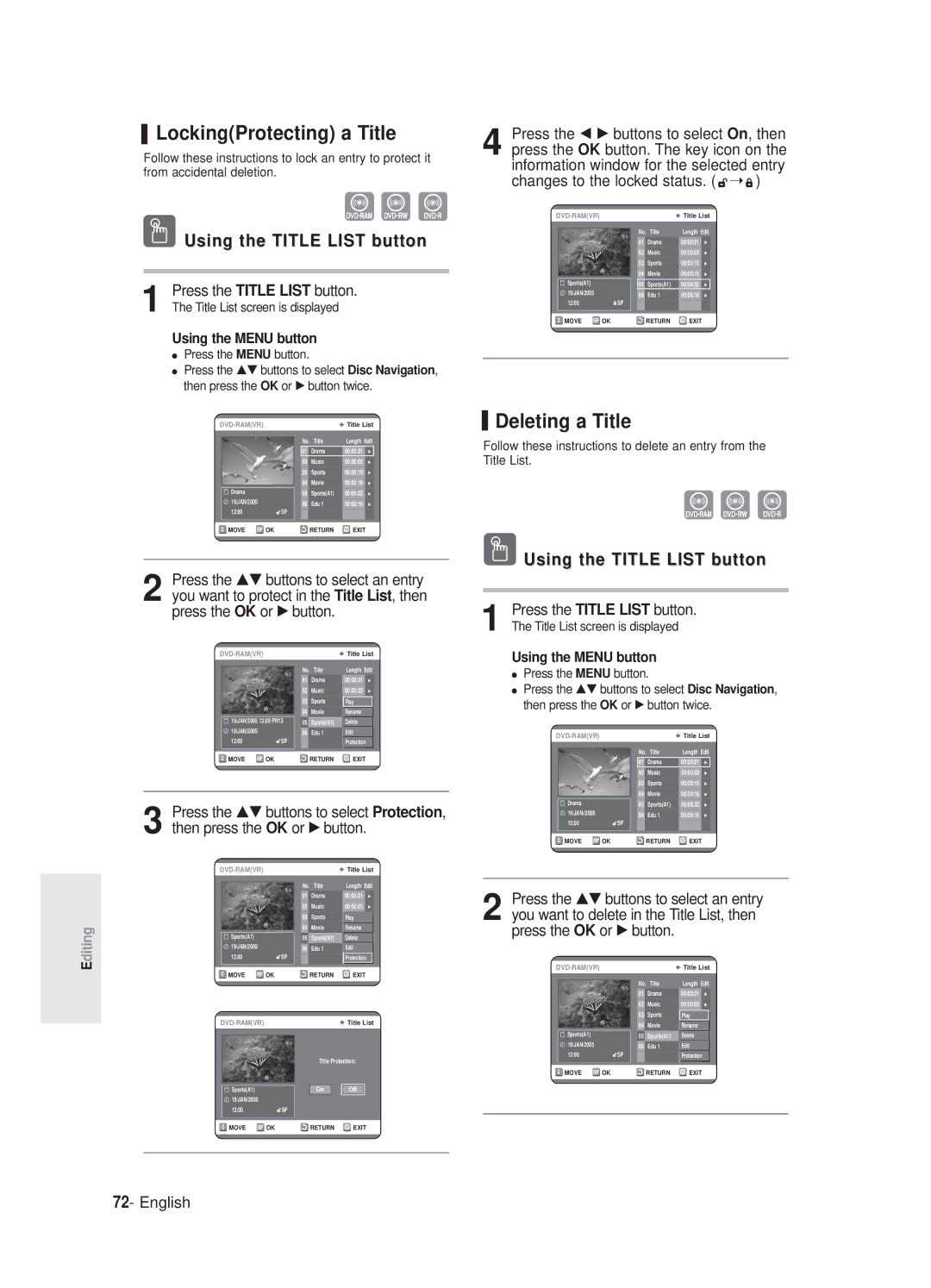 Samsung DVD-R125P, DVD-R125/XEF manual LockingProtecting a Title, Deleting a Title 