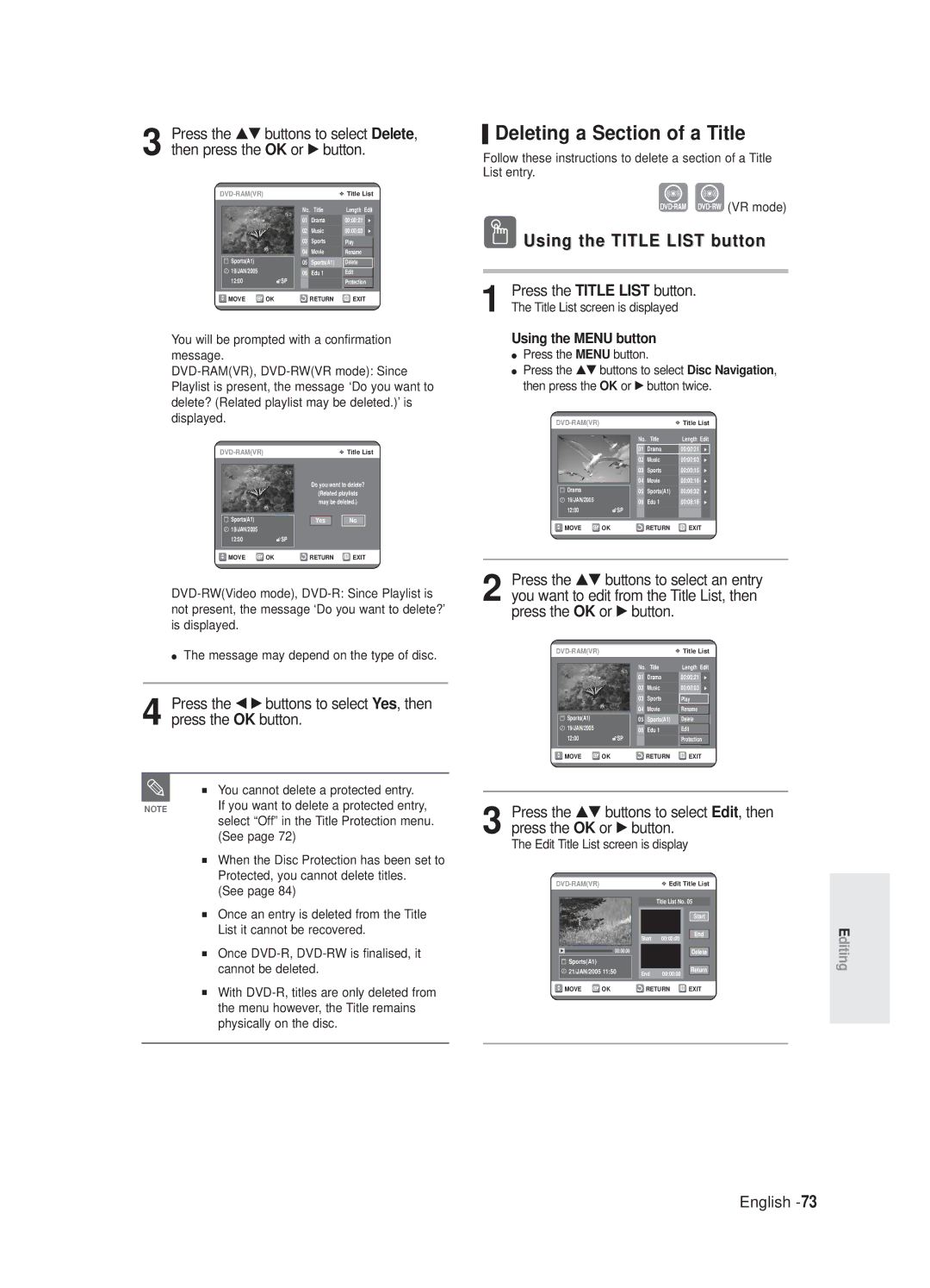 Samsung DVD-R125/XEF, DVD-R125P manual Deleting a Section of a Title, Message may depend on the type of disc 