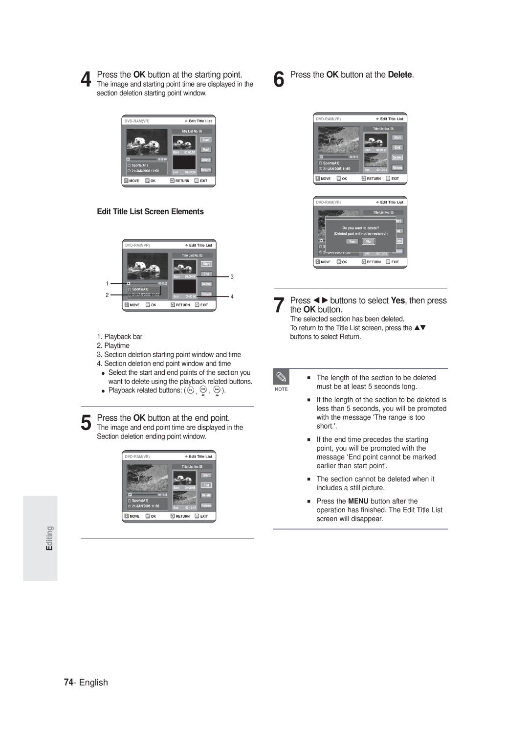 Samsung DVD-R125P manual Press the OK button at the Delete, Press œ √ buttons to select Yes, then press the OK button 