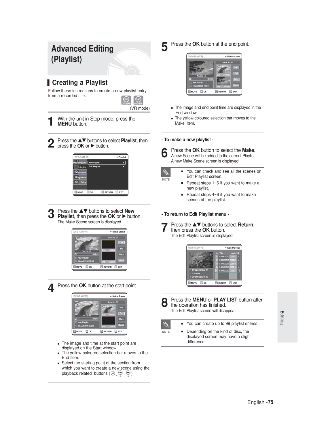 Samsung DVD-R125/XEF Creating a Playlist, Press the OK button at the end point, Press the OK button at the start point 