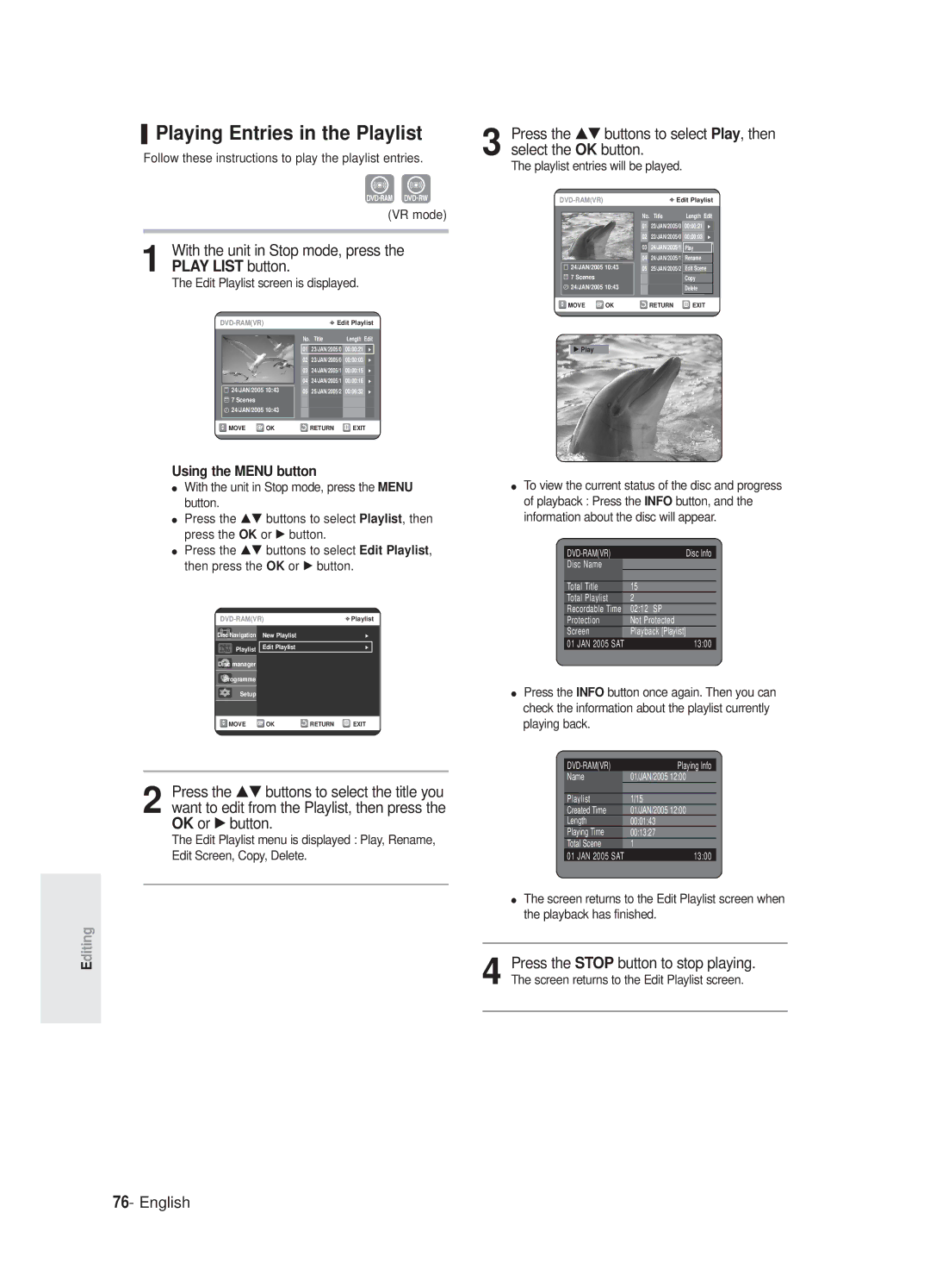 Samsung DVD-R125P, DVD-R125/XEF Playing Entries in the Playlist, With the unit in Stop mode, press the Play List button 