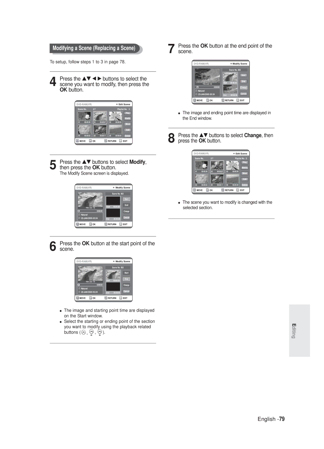 Samsung DVD-R125/XEF, DVD-R125P Modifying a Scene Replacing a Scene, Press the OK button at the start point of the scene 